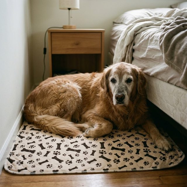 A senior golden retriever resting on a PuddleMat