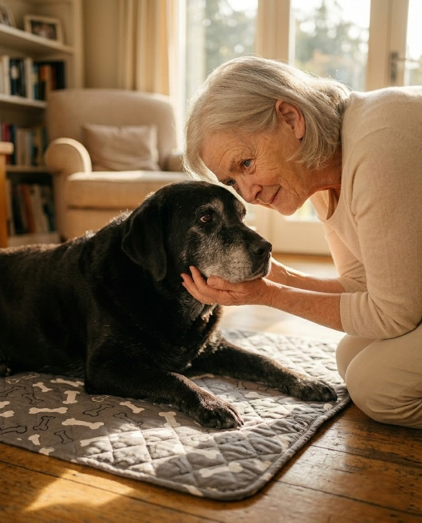 Emma sitting on a bedroom floor in morning light beside her senior black Labrador, Bess, resting on a light-toned PuddleMat.
