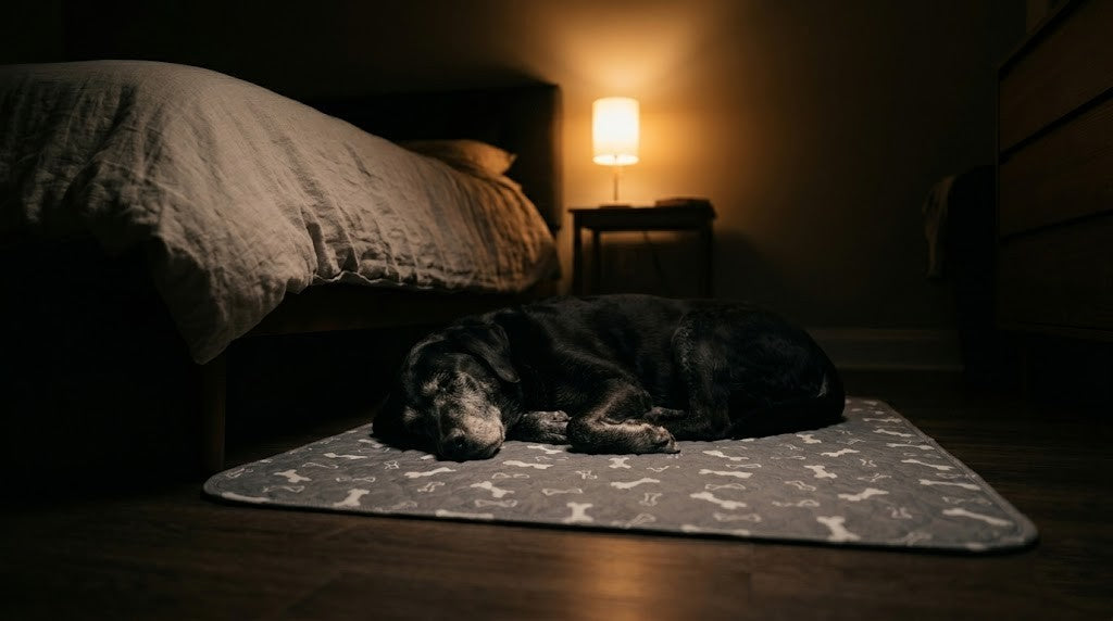 A senior black Labrador's greying muzzle resting gently against her owner's foot.